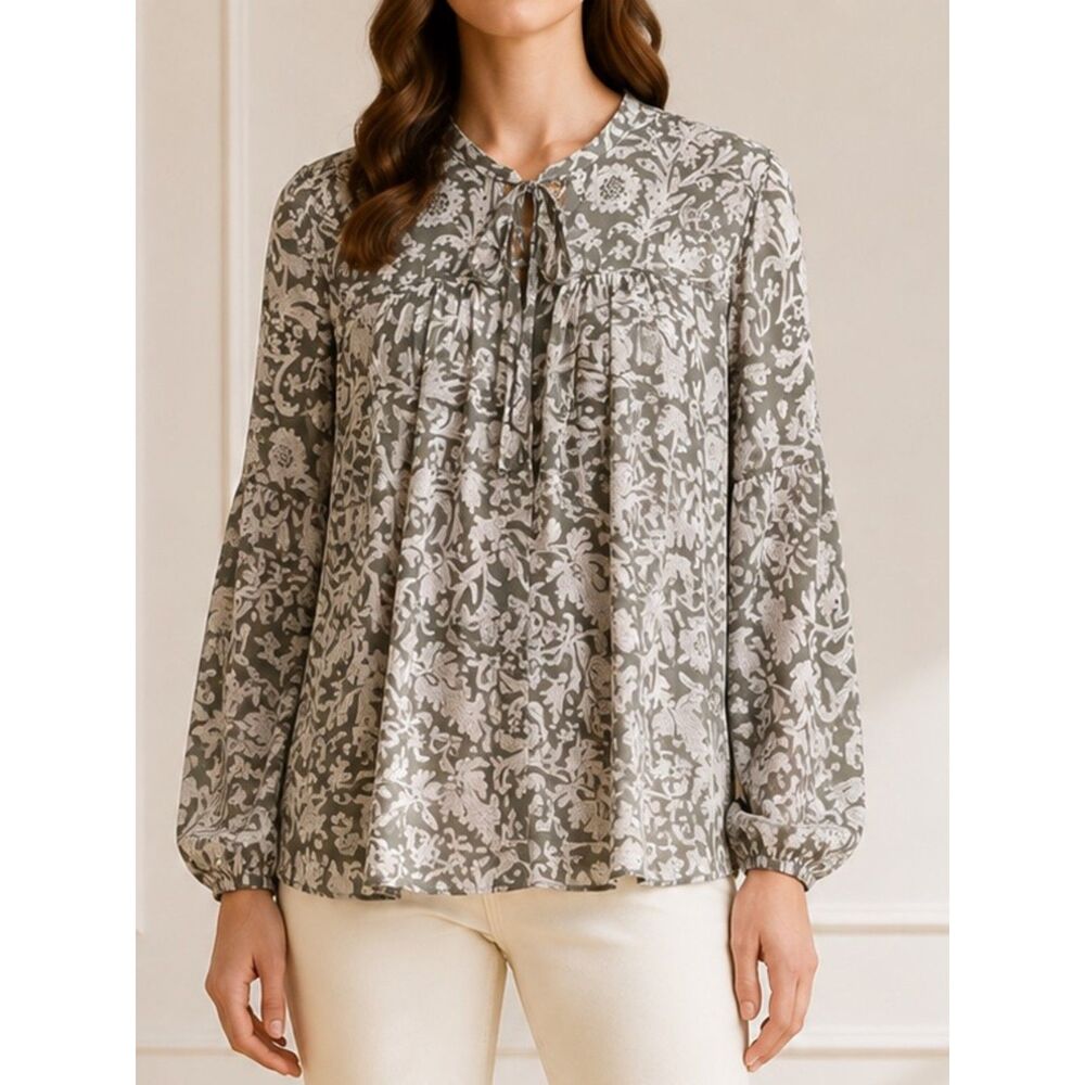 Lucky Brand Beaded Peasant Blouse Sage Green Size Large Tassel Tie Boho Y2K